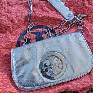 Tory Burch "Reva" silver metallic clutch bag